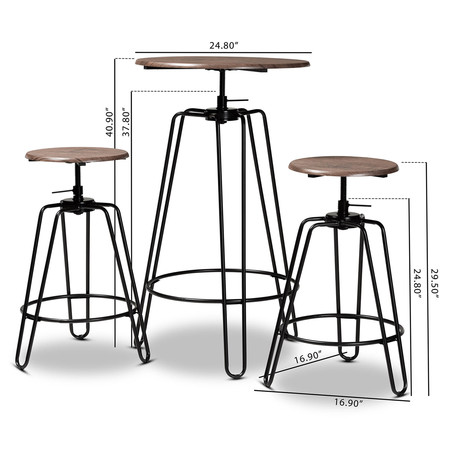 Baxton Studio Veera Walnut Finished Wood and Black Metal 3-Piece Adjustable Pub Set 170-10779